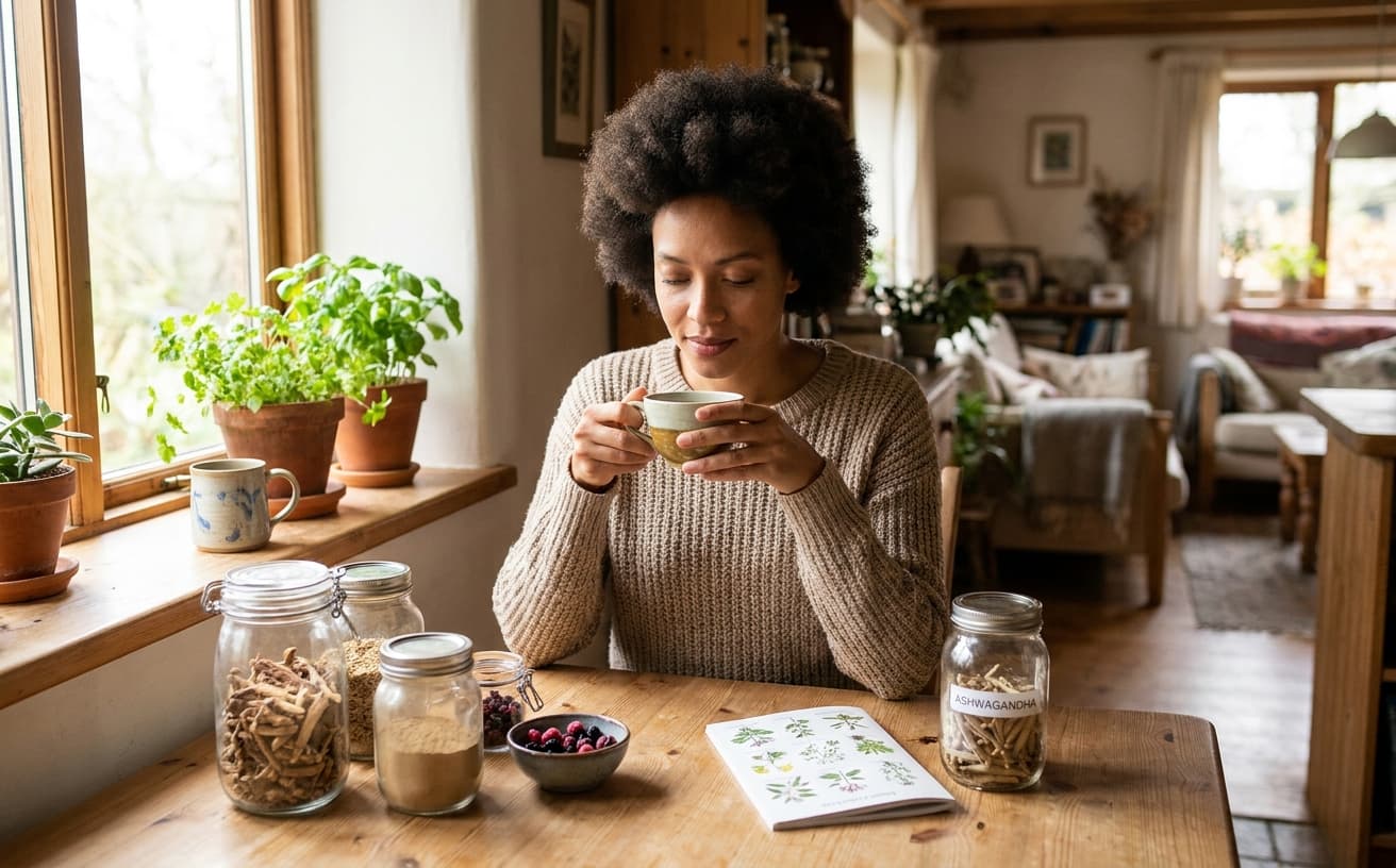 Photo-realistic editorial image for Adaptogens for Women: The Best Herbs for Stress Relief, Energy, and Hormonal Balance